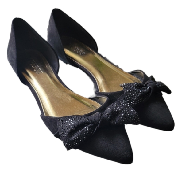 Women's Guess Black Rhinestone Bow Pointed Toe Flats Size 9 - Picture 2 of 9